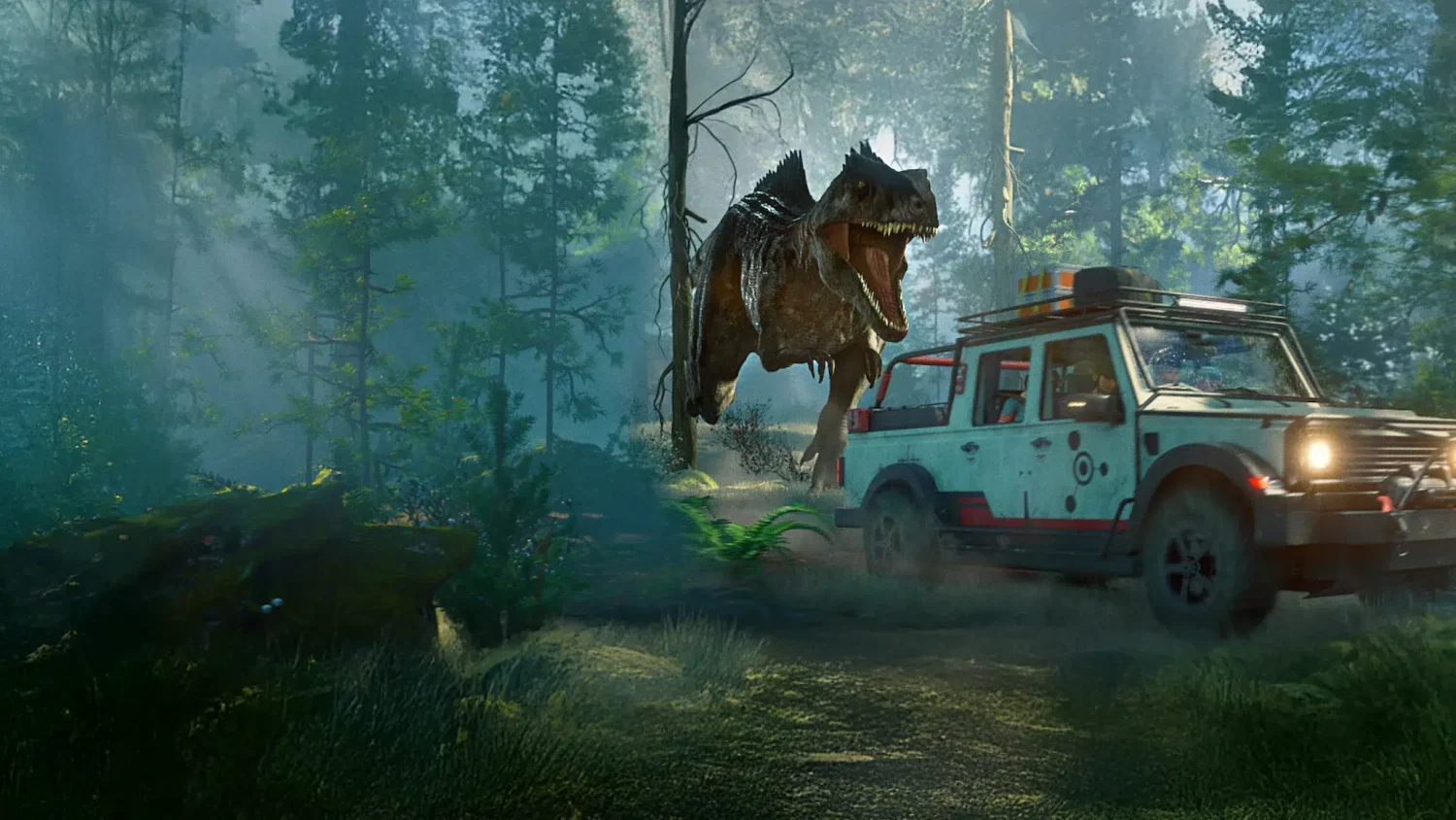 Rexy T-Rex atuando como agente de equilíbrio em Jurassic World Chaos Theory