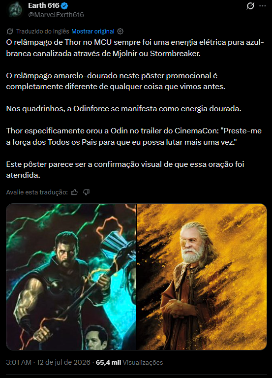 Thor em Vingadores Doomsday exibindo seu possível novo poder com raios laranja e a Força de Odin no MCU.